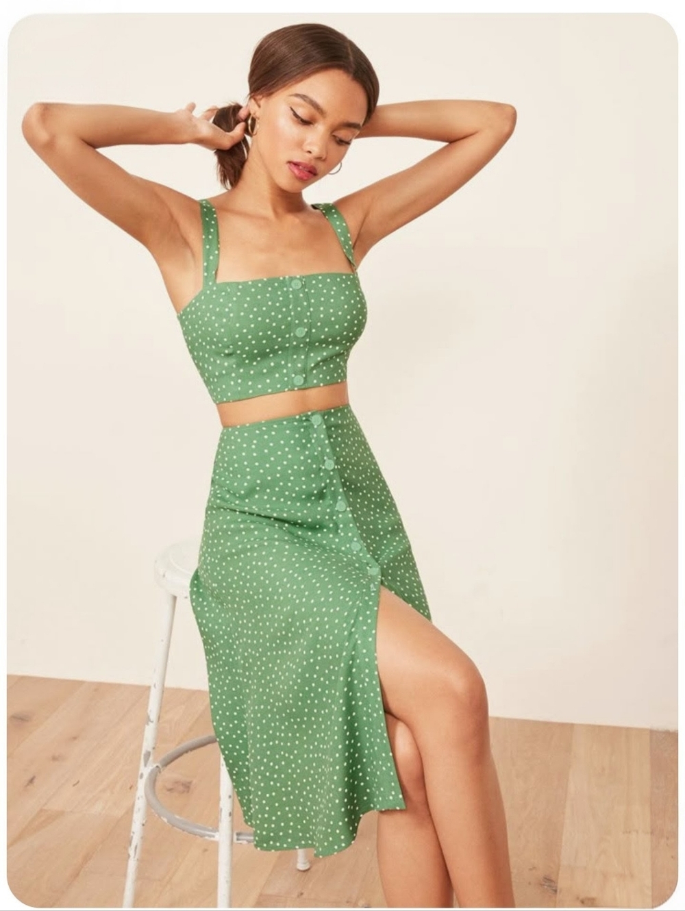 Reformation Green Polka Dot Crop Top